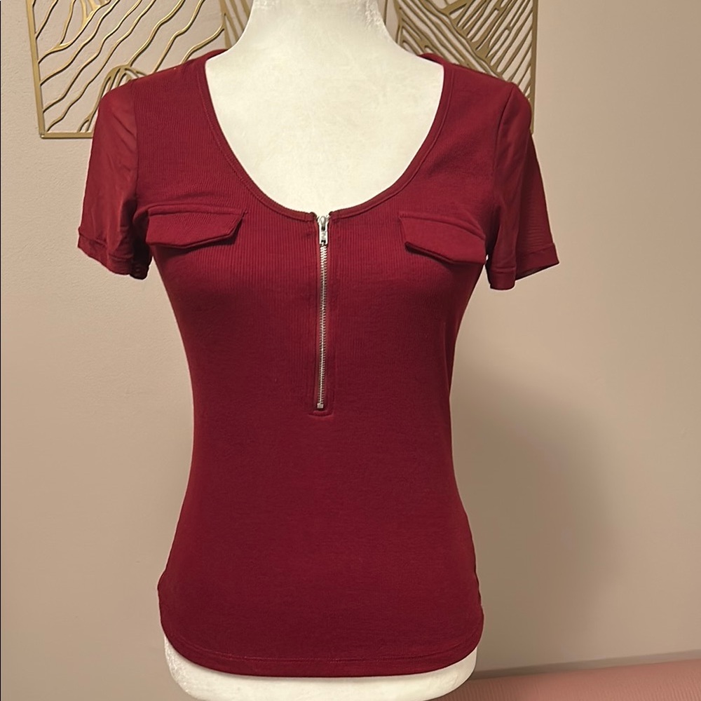 Women's Burgundy Zip-Front Top